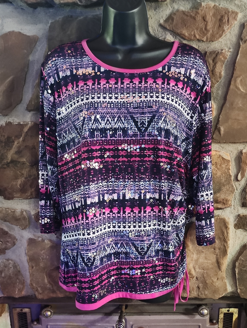 Bon Worth Pink & Black Patterned Boatneck Blouse With Sequins